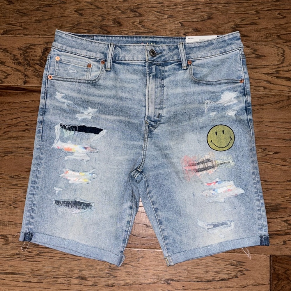 American Eagle Blue Pride Jean Shorts with Smiley Patch